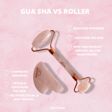Load image into Gallery viewer, Rose Quartz Gua Sha + Facial Roller Duo Set
